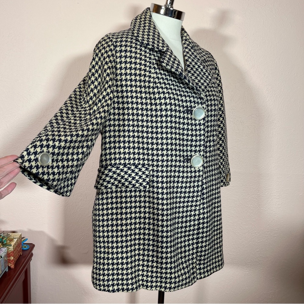 Vintage Houndstooth Blue Cream check plaid Wool 1940’s swing Pea coat large